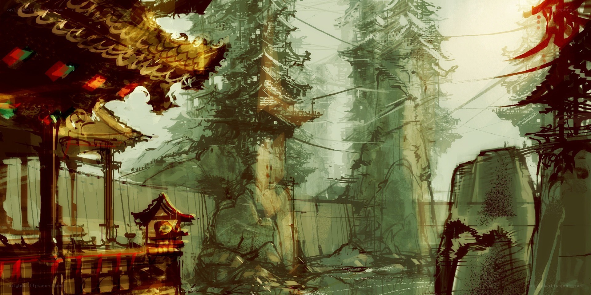 Ancient temple in misty forest