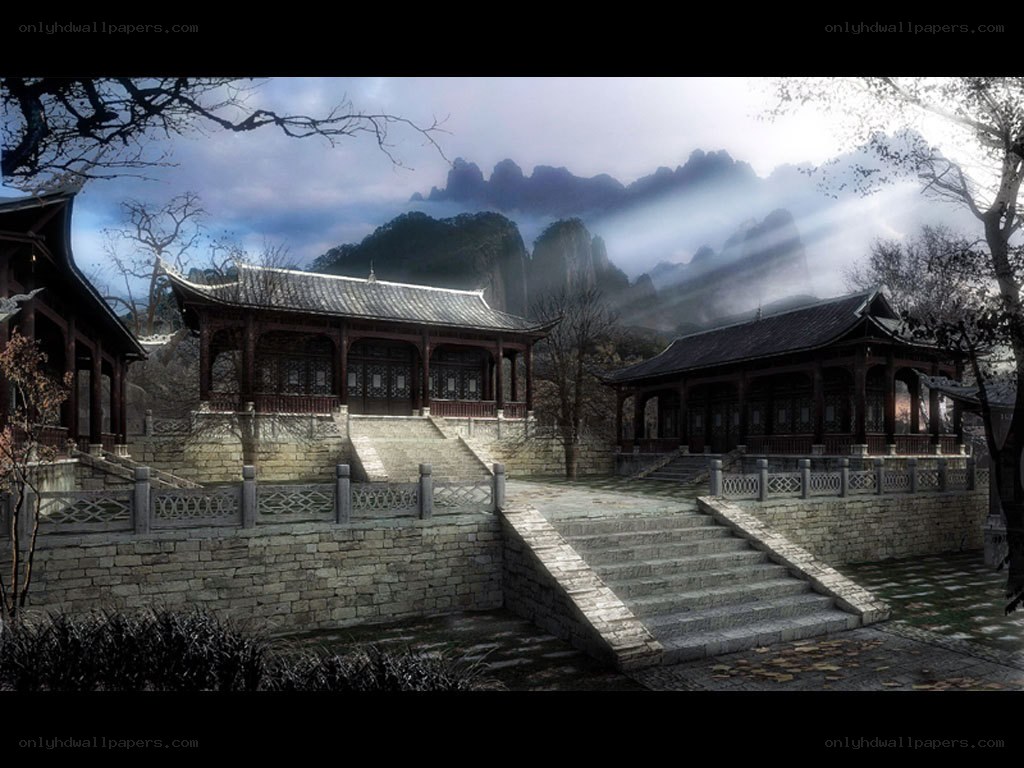 ancient temple in misty mountains