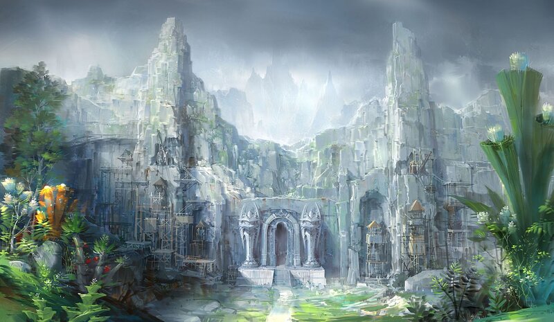 ancient temple in misty mountains