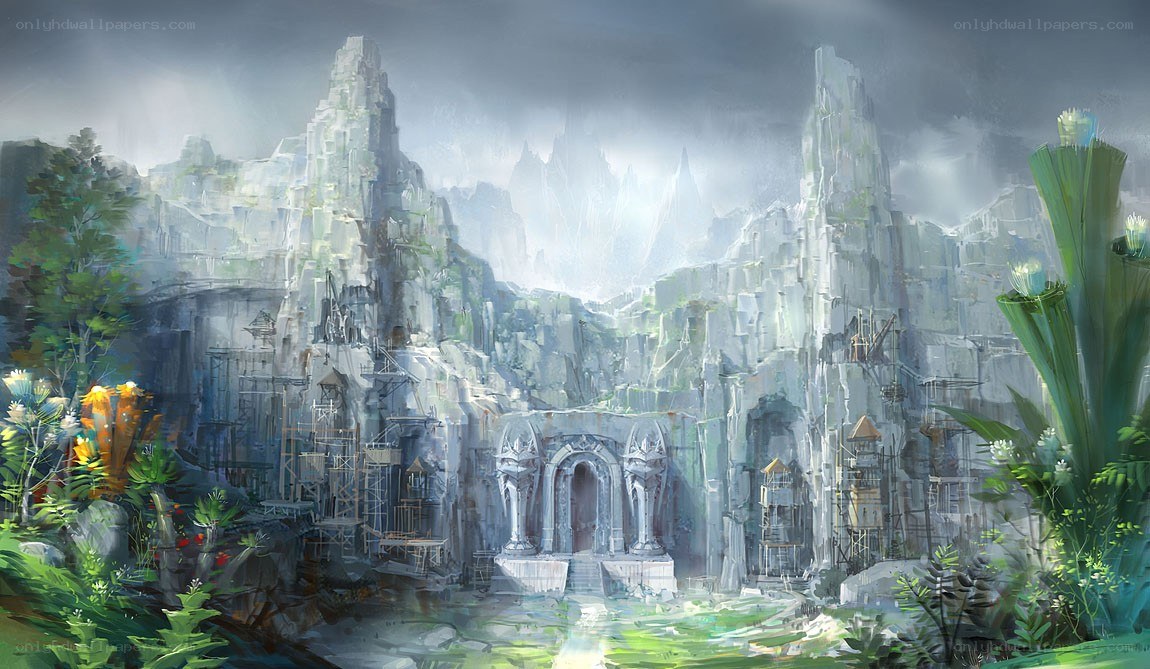 ancient temple in misty mountains