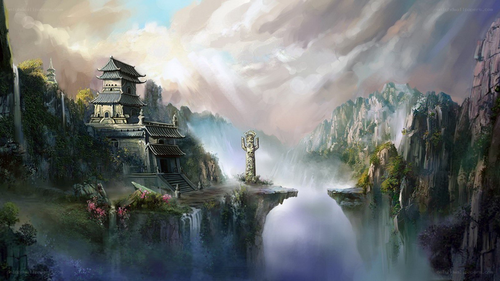 Ancient temple in misty mountains