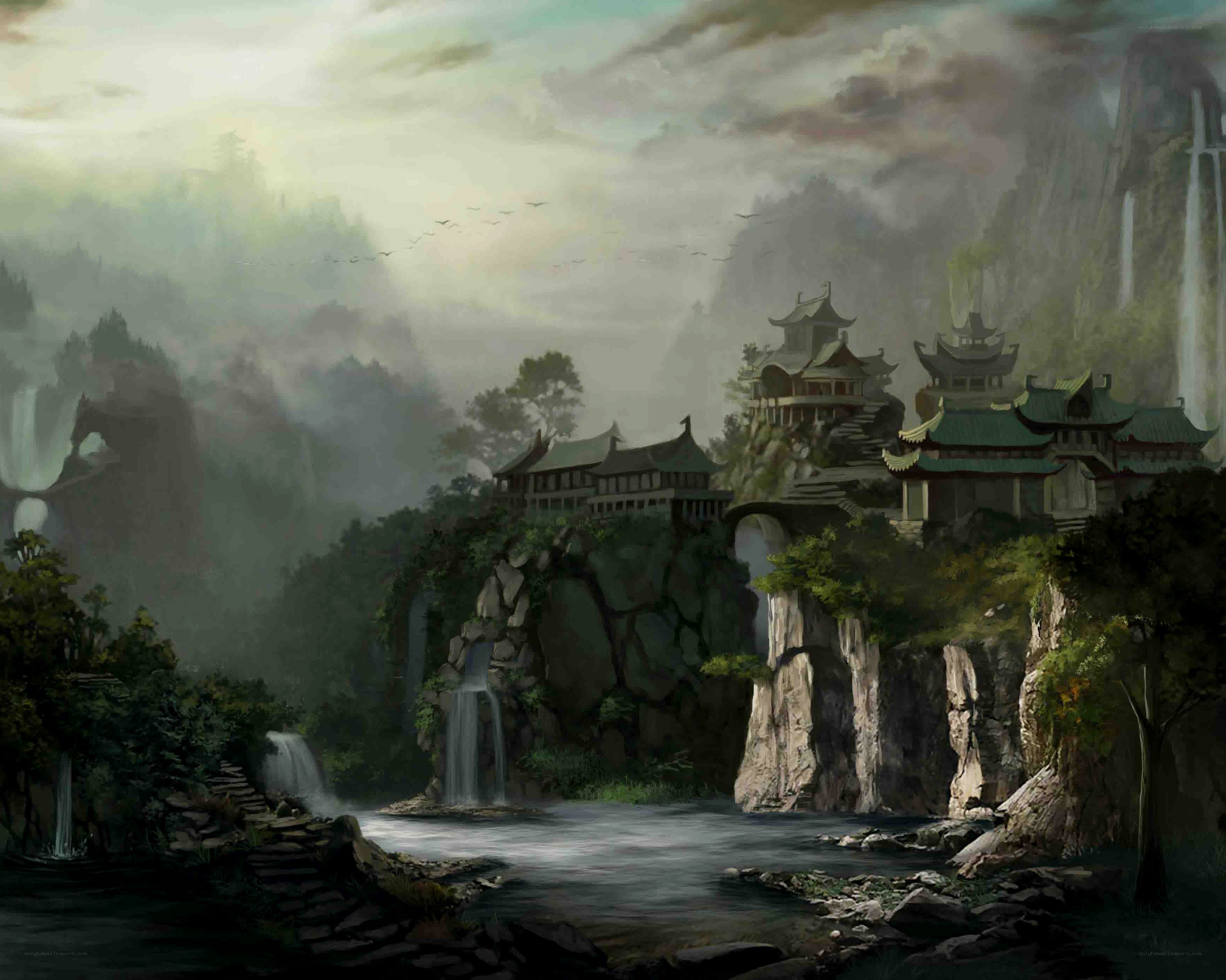 Ancient temple in misty mountains
