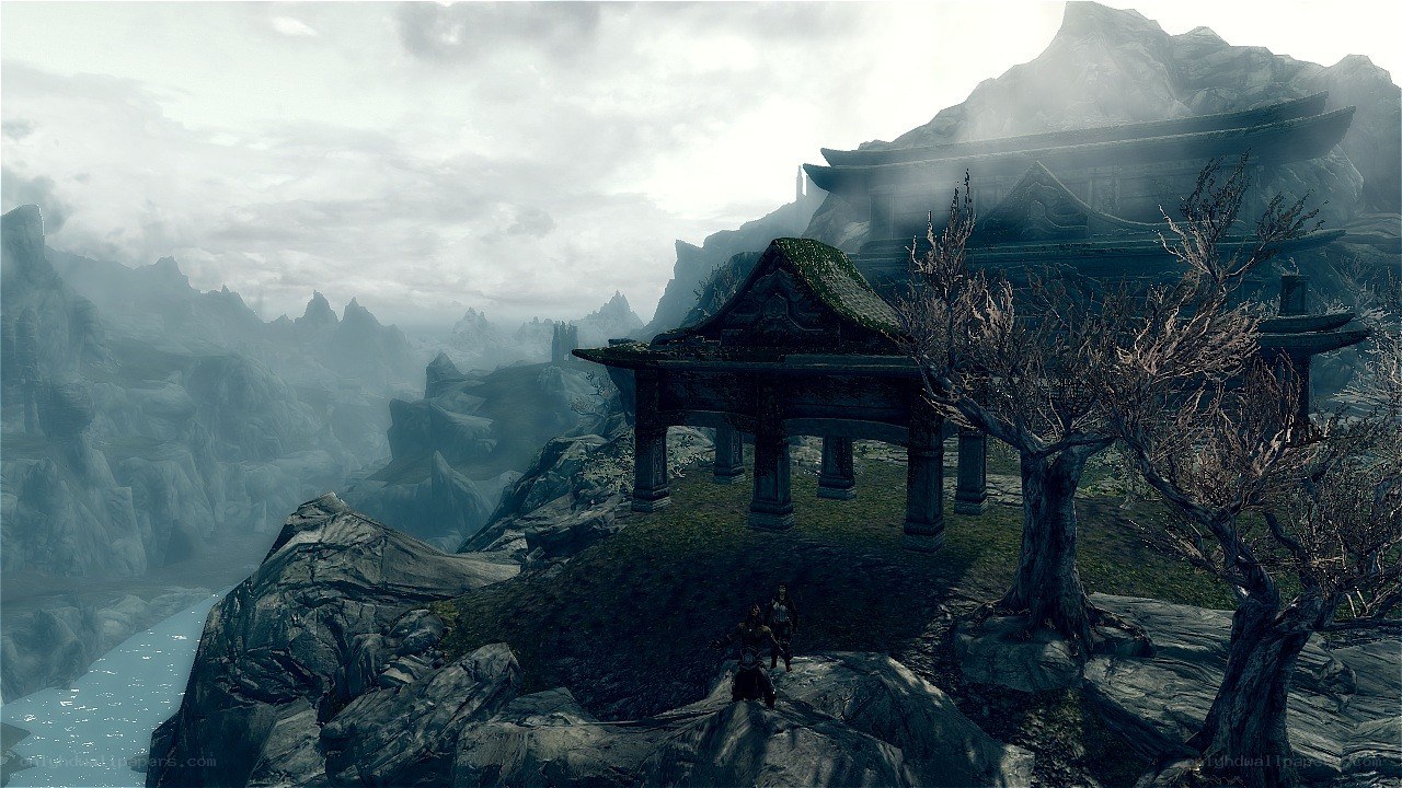 ancient temple in misty mountains