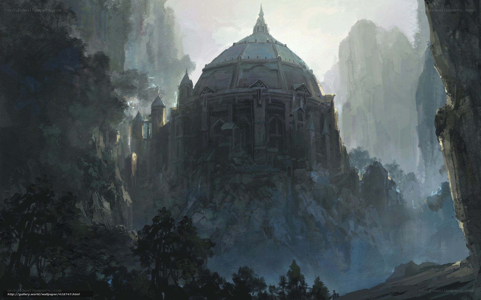 ancient temple in misty mountains