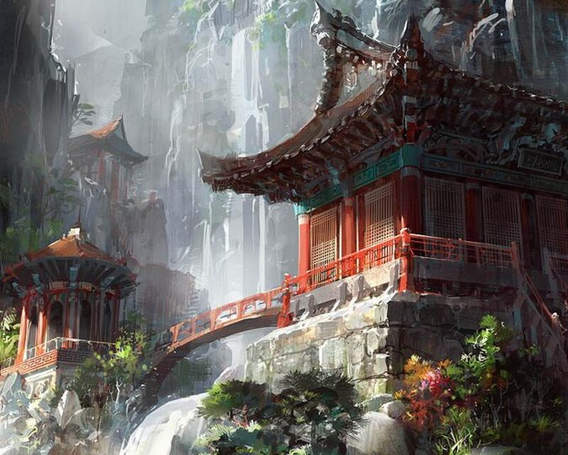 Ancient temple in mountain valley