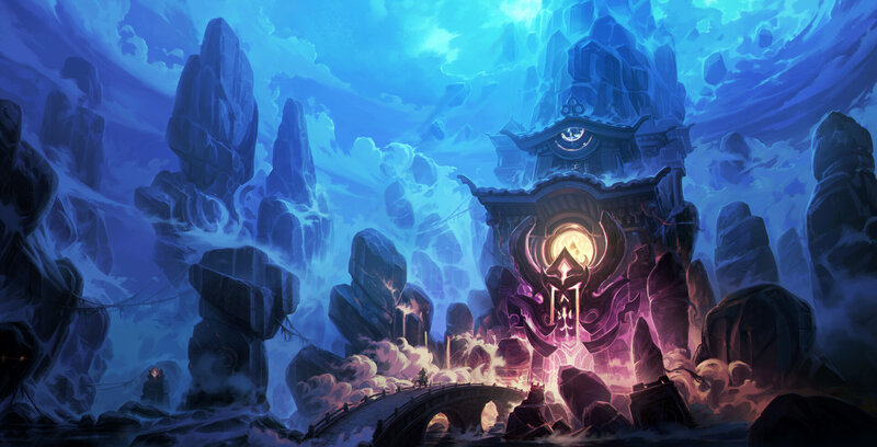 Ancient Temple in Mountains — Blue, Dramatic, Digital Art