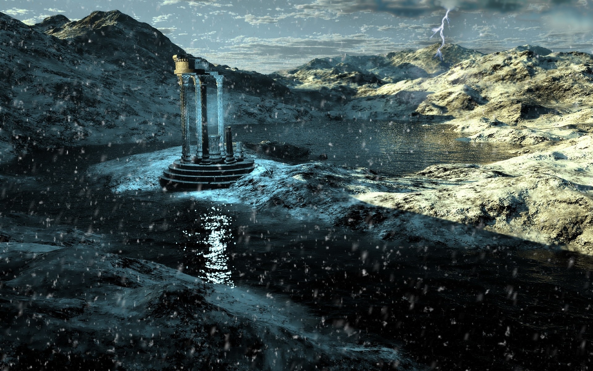 ancient temple in stormy landscape