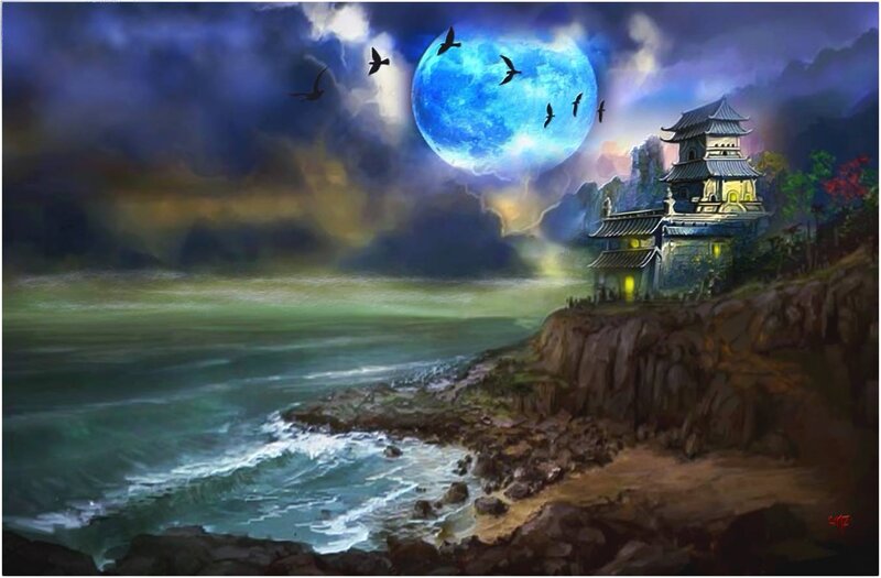Ancient Temple on Cliff — Blue, Dramatic, Night