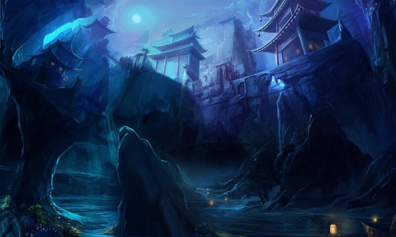 Ancient Temple on Cliff — Blue, Mysterious, Night
