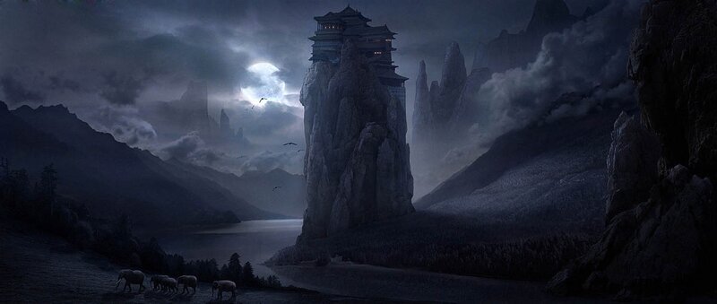 Ancient Temple on Cliff — Dark Blue, Dramatic