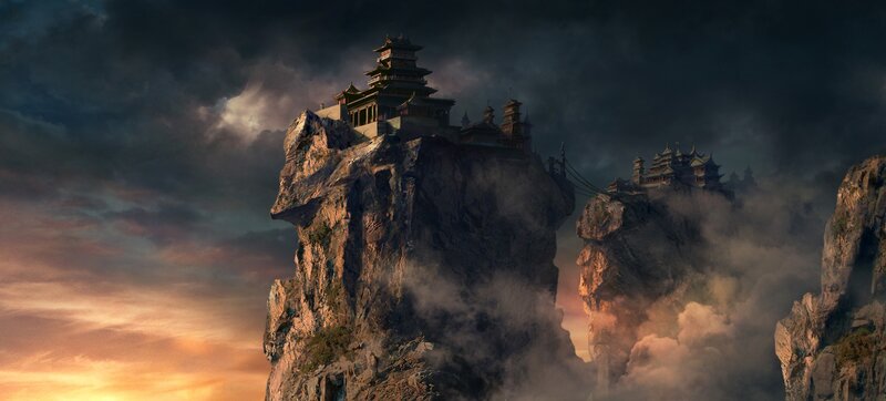 Ancient Temple on Cliff — Gray, Dramatic, Sunset, Digital Art
