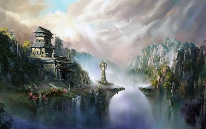 Ancient Temple on Cliff — Gray, Serene, Digital Art