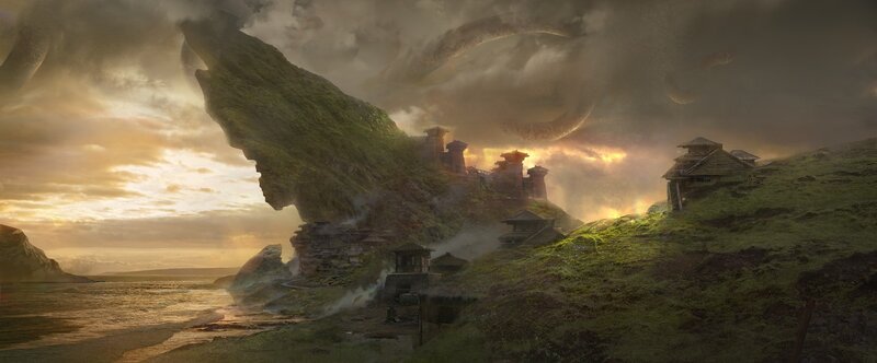 Ancient Temple on Cliff — Green, Dramatic