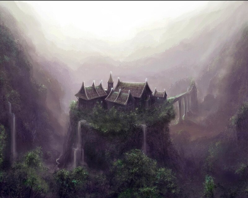 Ancient Temple on Cliff — Green, Mysterious, Digital Art