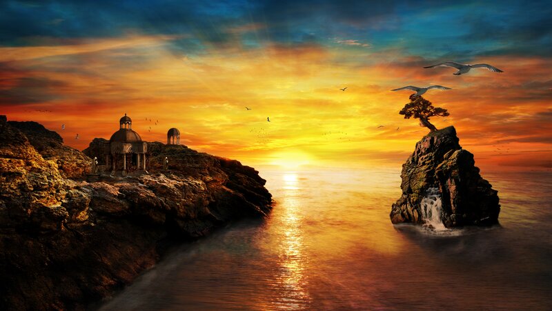 Ancient Temple on Cliff — Orange, Dramatic