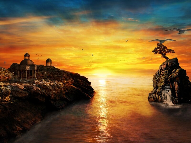 Ancient Temple on Cliff — Orange