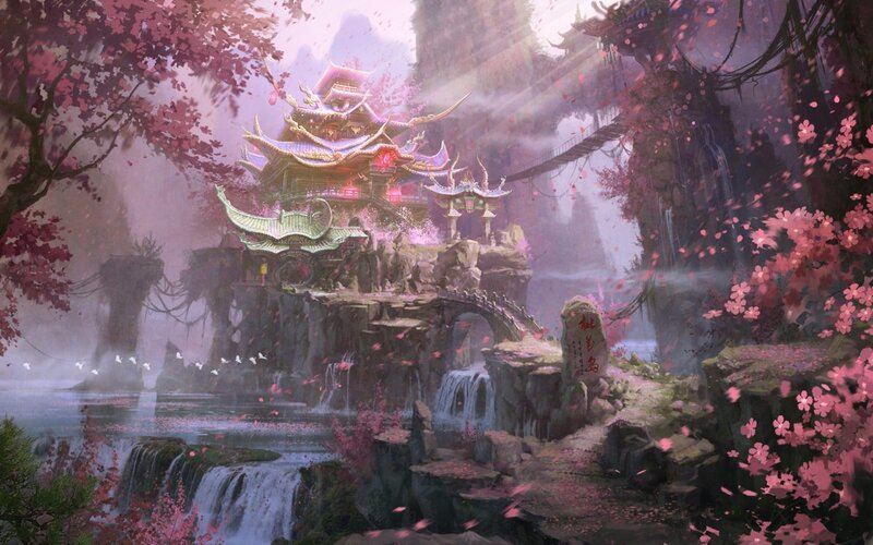Ancient Temple on Cliff — Pink, Serene, Spring