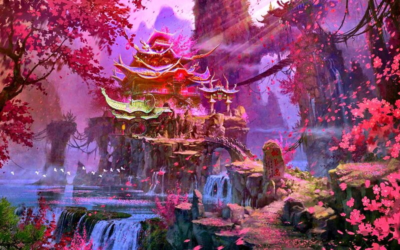 Ancient Temple on Cliff — Pink, Serene