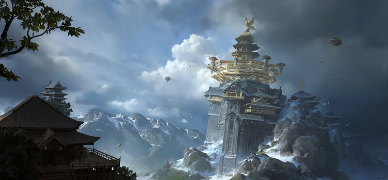 Ancient Temple on Mountain — Gray, Dramatic, Digital Art