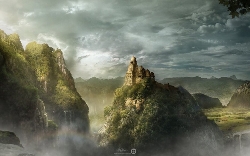 Ancient Temple on Mountain — Green, Dramatic, Afternoon, Digital Art, Clouds