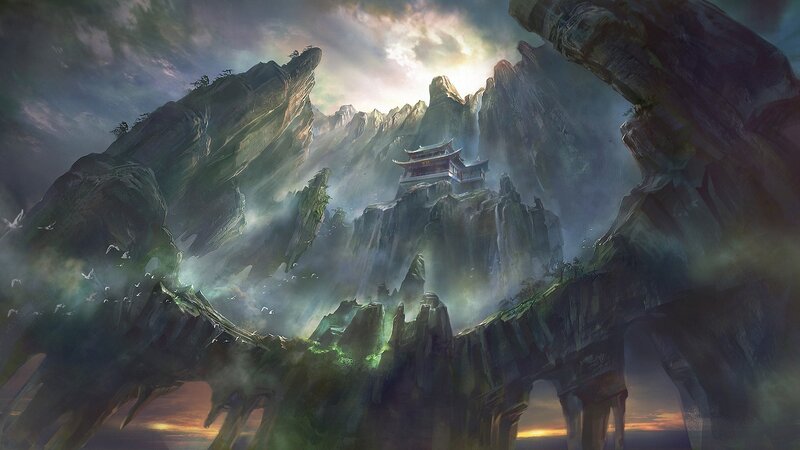 Ancient Temple on Mountain — Green, Dramatic, Sunset, Digital Art, Mountains, Clouds