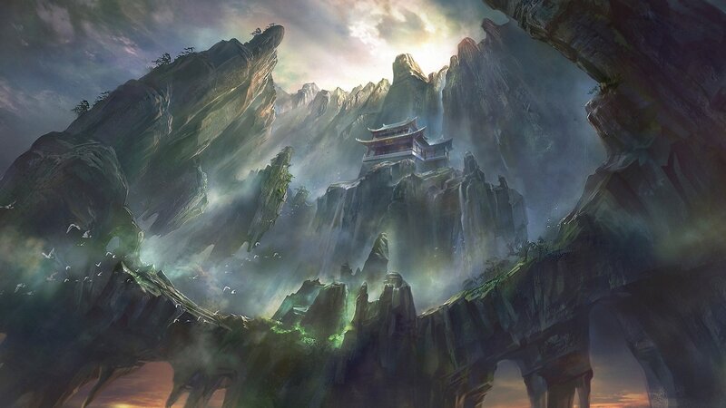 Ancient Temple on Mountain — Green, Dramatic, Sunset, Digital Art, Mountains