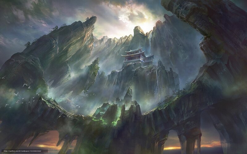 Ancient Temple on Mountain — Green, Dramatic, Sunset, Digital Art