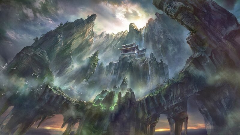 Ancient Temple on Mountain — Green, Dramatic, Sunset