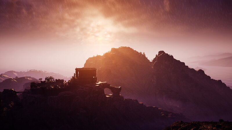 Ancient Temple on Mountain — Purple, Dramatic, Sunset