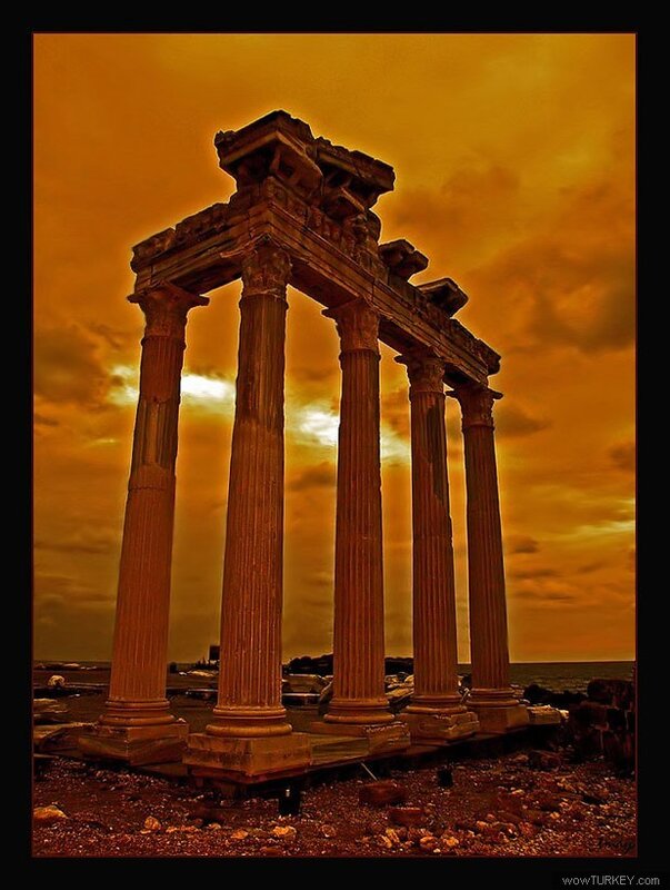 Ancient temple ruins at sunset
