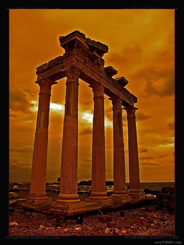 Ancient temple ruins at sunset