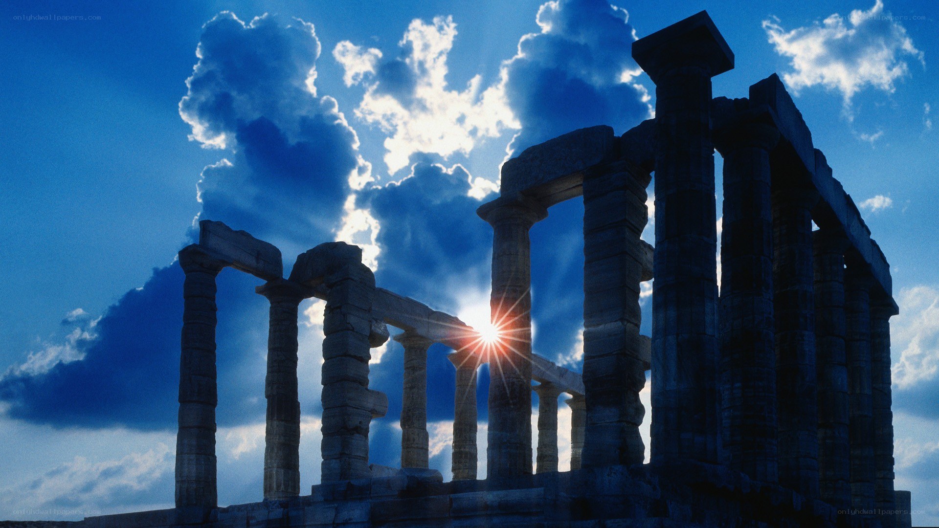 Ancient temple ruins at sunset