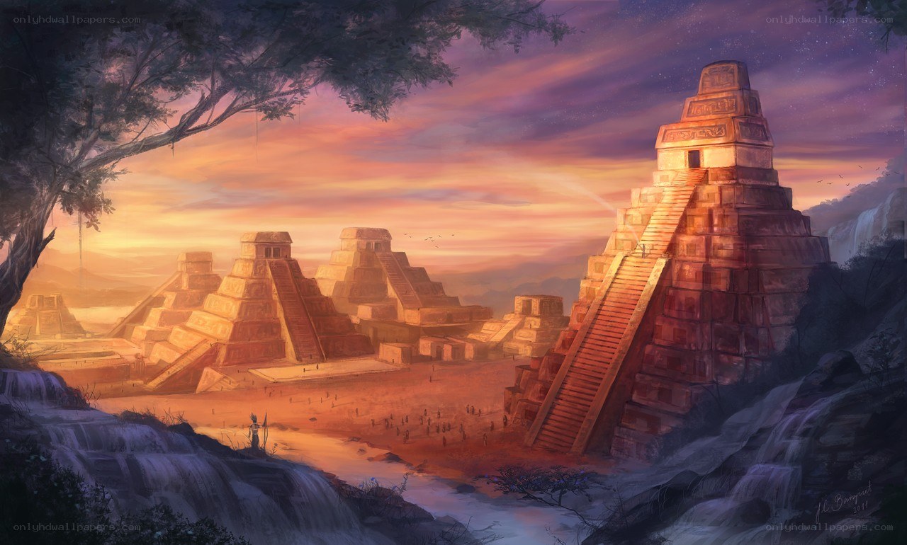 Ancient temple ruins at sunset