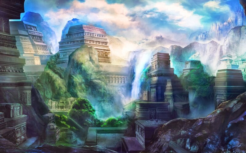 Ancient Temple Ruins — Blue, Dramatic, Digital Art, Mountains