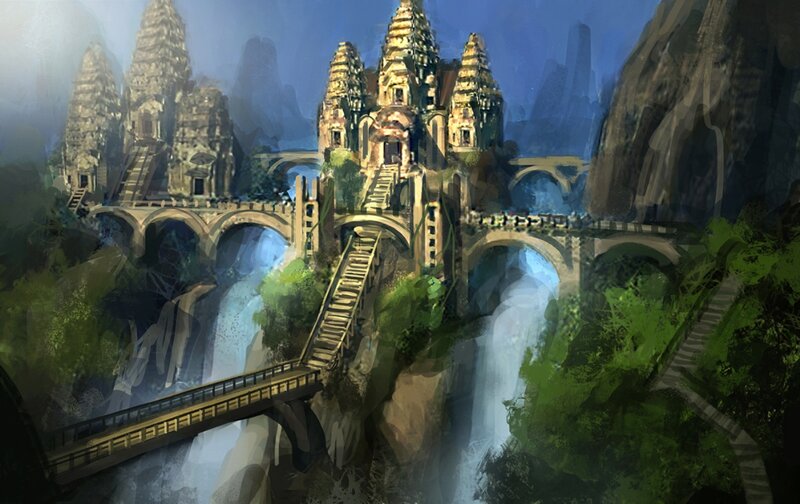 Ancient Temple Ruins — Blue, Dramatic, Digital Art