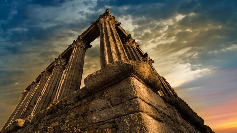 Ancient Temple Ruins — Blue, Dramatic, Sunset, Photograph