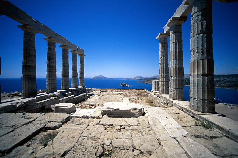 Ancient Temple Ruins — Blue, Serene, Afternoon, Photograph, Columns, Sea, Island