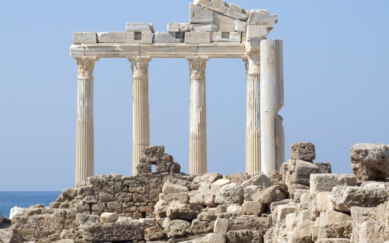 Ancient Temple Ruins — Blue, Serene, Afternoon, Photograph, Columns, Sea