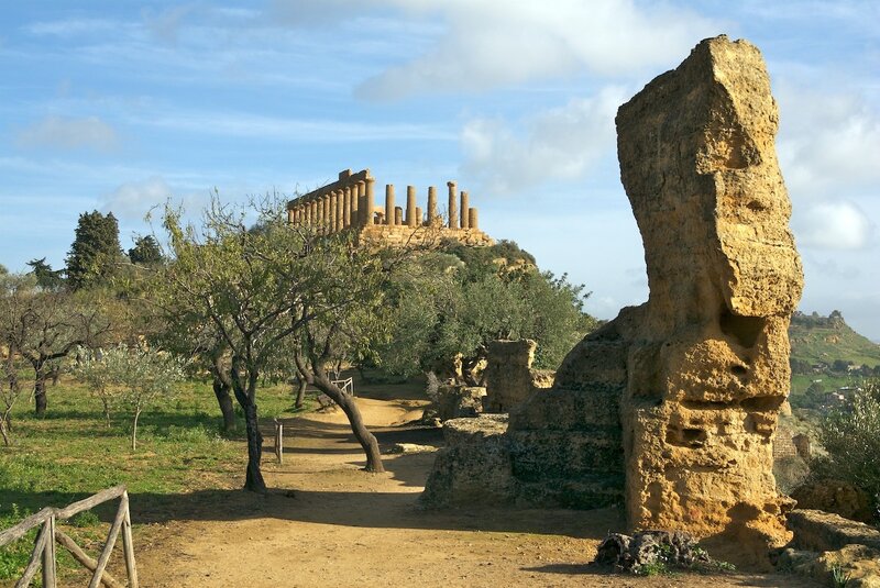 Ancient Temple Ruins — Blue, Serene, Afternoon, Photograph, Columns, Trees
