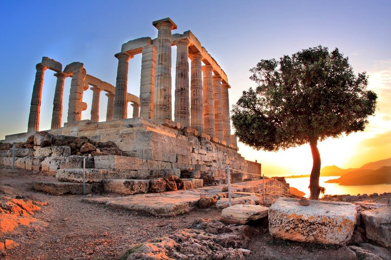 Ancient Temple Ruins — Blue, Serene, Sunset, Photograph, Tree