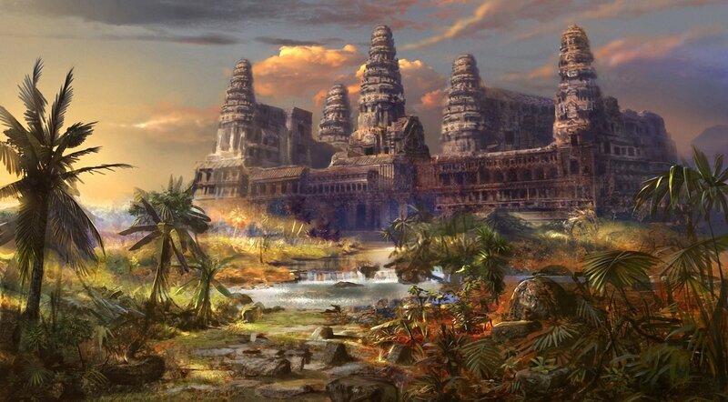 Ancient Temple Ruins — Brown, Dramatic, Sunset, Digital Art