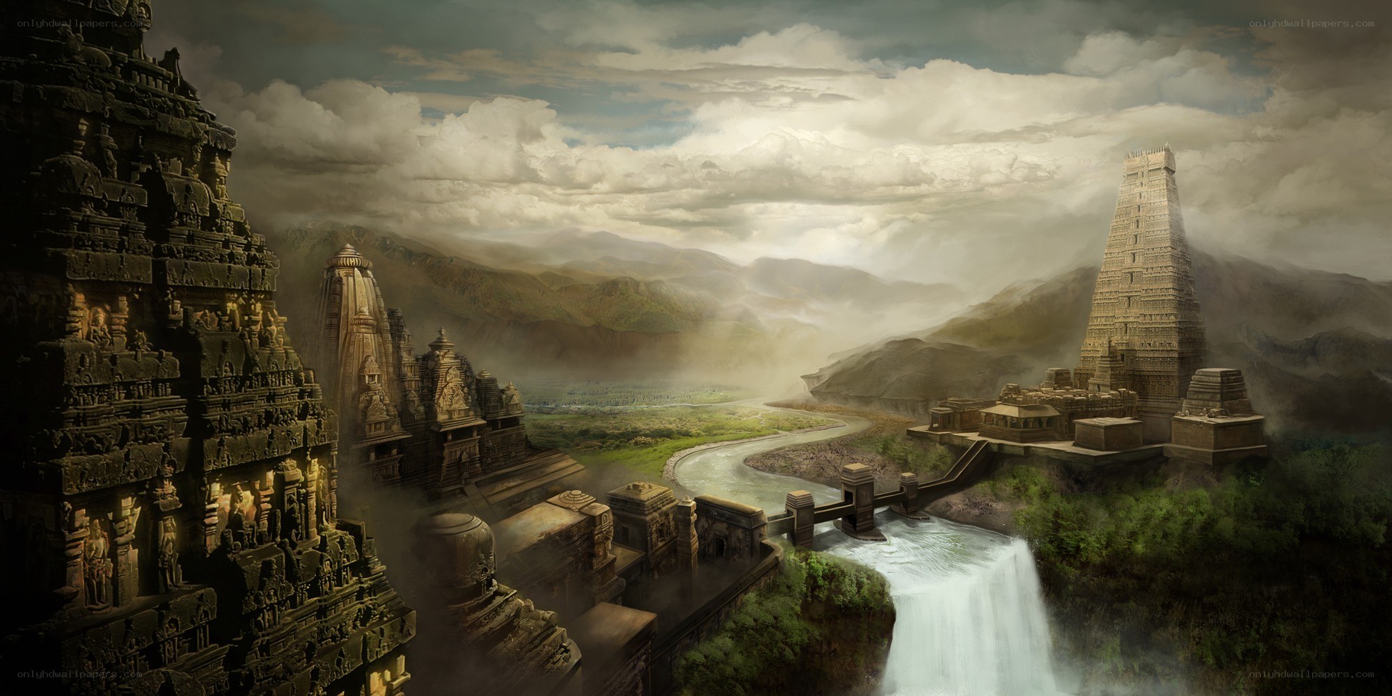 ancient temple ruins by a river