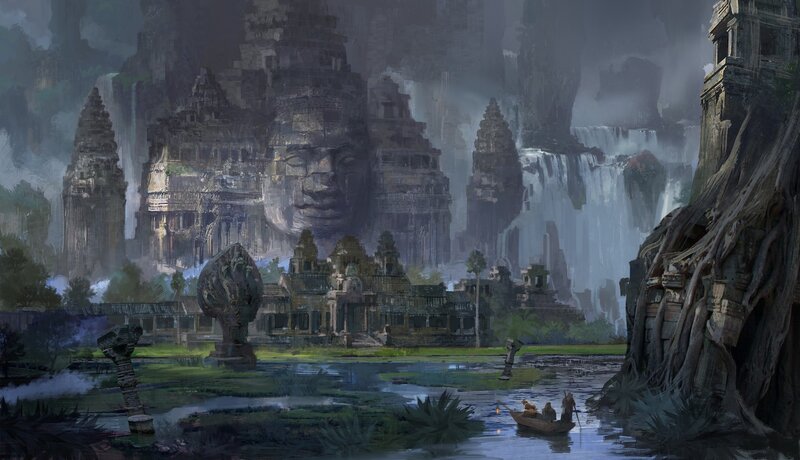 Ancient Temple Ruins — Gray, Dramatic, Digital Art, Waterfall