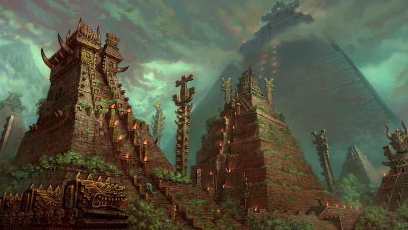 Ancient Temple Ruins — Green, Dramatic, Digital Art, Pyramids, Skulls