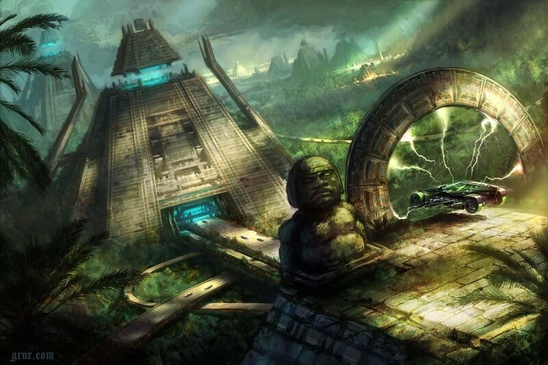 Ancient Temple Ruins — Green, Dramatic, Digital Art, Statue