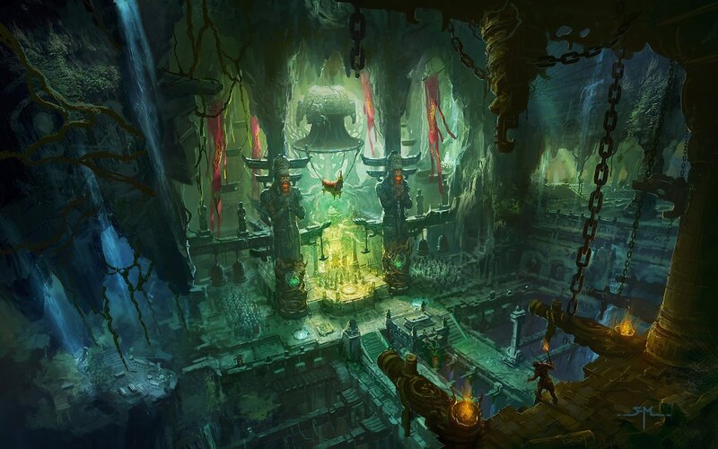 Ancient Temple Ruins — Green, Dramatic, Digital Art, Statues