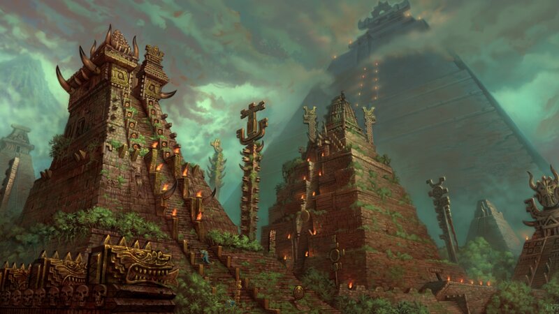 Ancient Temple Ruins — Green, Dramatic, Digital Art