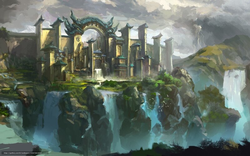 Ancient Temple Ruins — Green, Dramatic, Digital Art, Waterfall