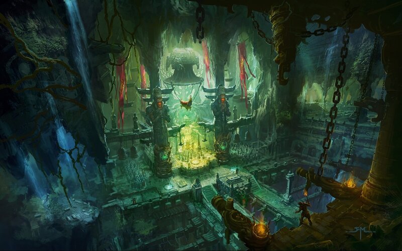 Ancient Temple Ruins — Green, Dramatic, Night, Digital Art