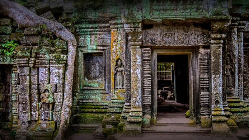 Ancient Temple Ruins — Green, Dramatic, Photograph, Stone Carvings